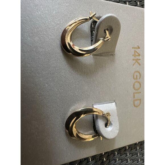 14K Solid Yellow Gold Bundle Of 2 Small Hoop Earrings Textured Dainty - Picture 2 of 12